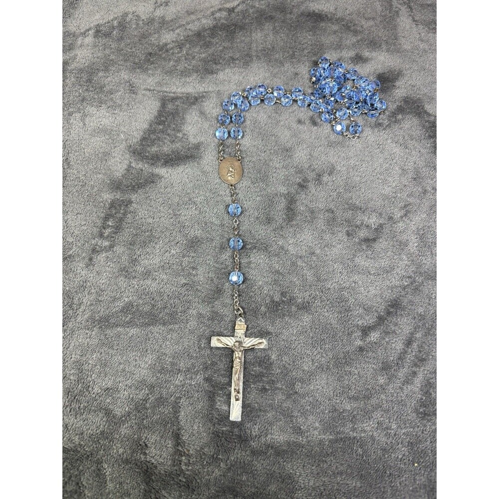 Vintage A.G. Inc Sterling and Blue Bead Rosary Jesus Necklace 22 Inches